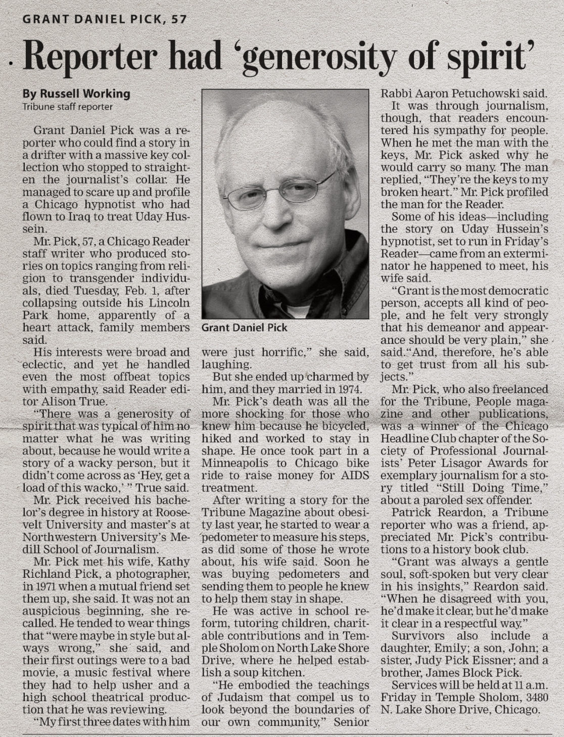 Newspaper obituary: Reporter had 'generosity of spirit'